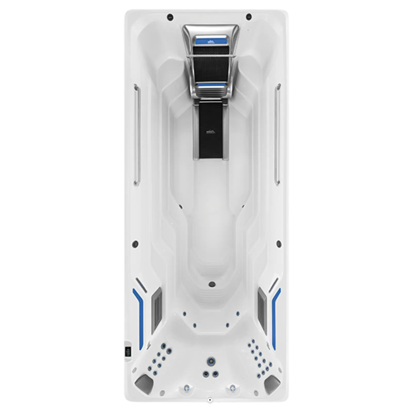 Top view of a modern white swim spa with built-in treadmill and hydrotherapy jets designed for fitness and relaxation.