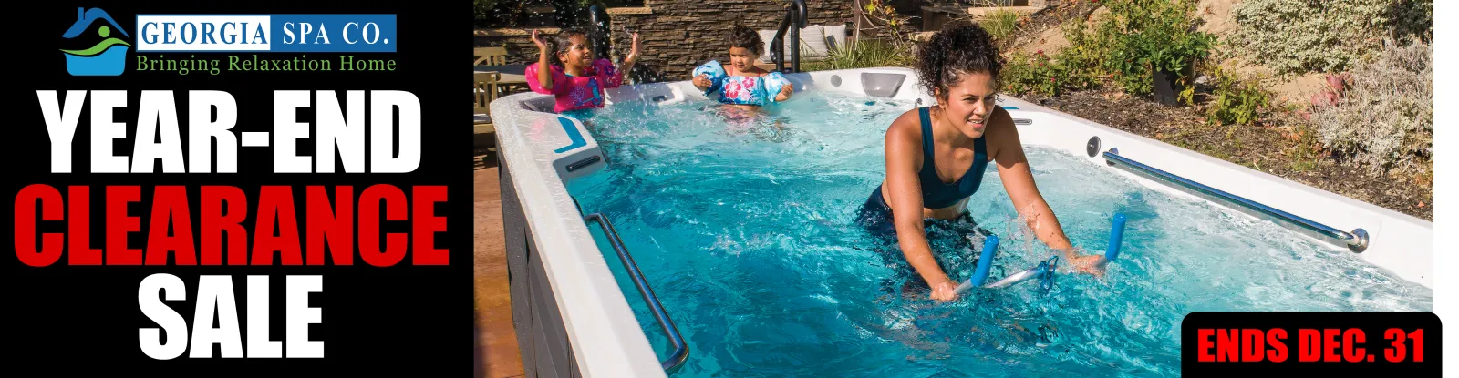Year-end clearance sale by Georgia Spa Co. with people enjoying a backyard swim spa on a sunny day.