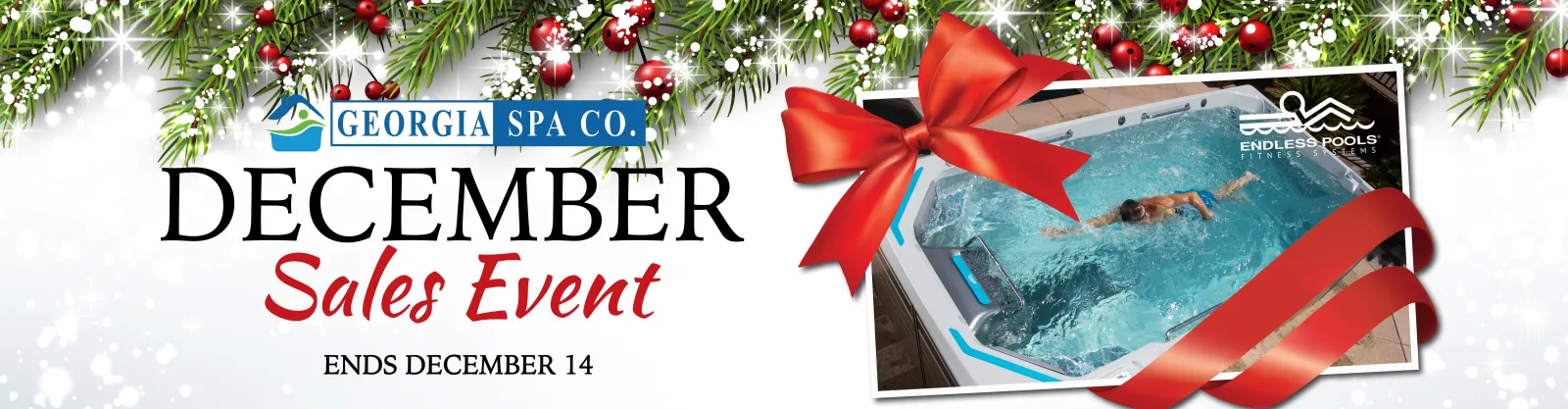 Georgia Spa Co. December Sales Event banner with holiday greenery, red ribbon, and swimmer in spa pool ending December 14