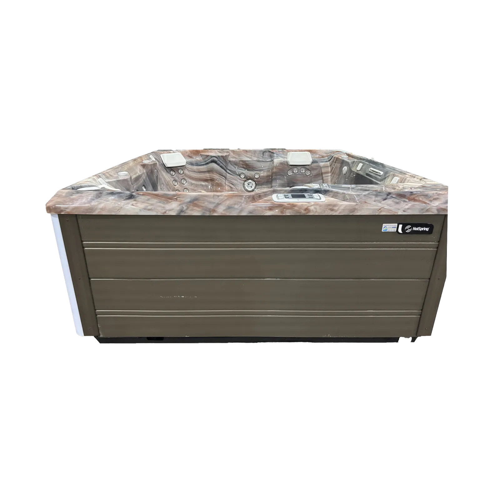 Brown and marble-patterned hot tub with multiple jets, seating areas, and control panel on a black background