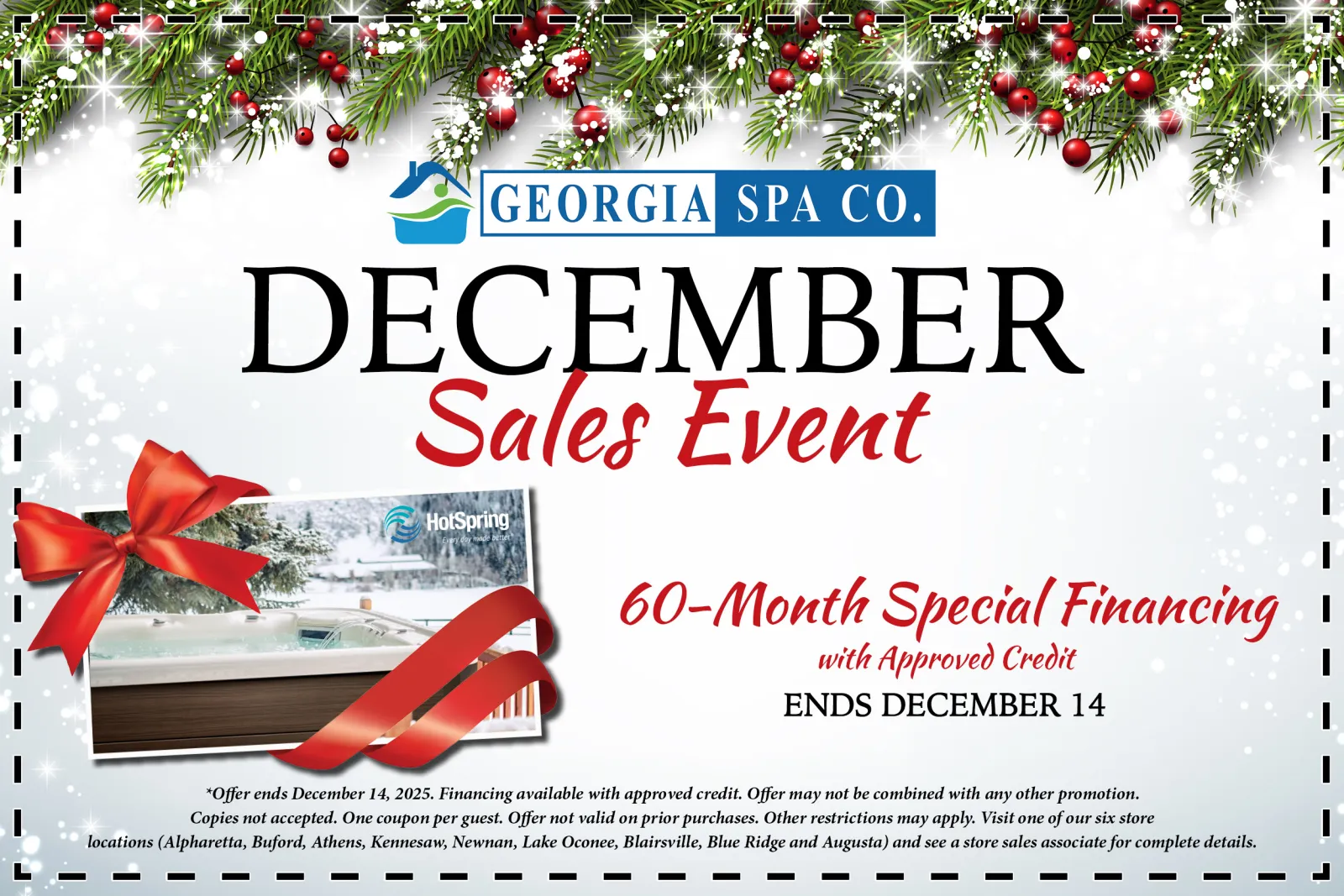 Georgia Spa Co. December sales event with holiday decorations and special 60-month financing offer.