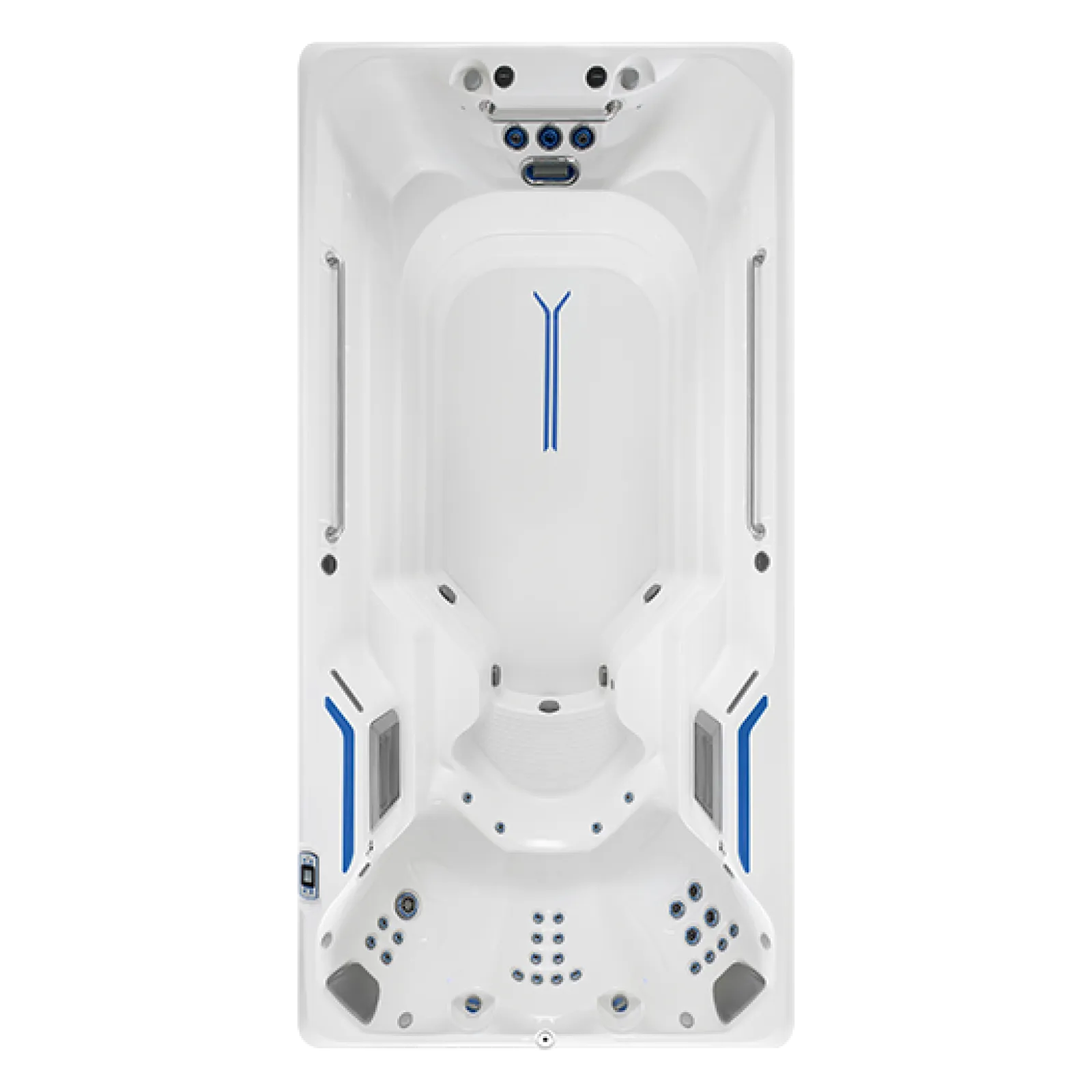 Top view of a modern white swim spa with blue accents, built-in seats, and multiple water jets for exercise and relaxation.