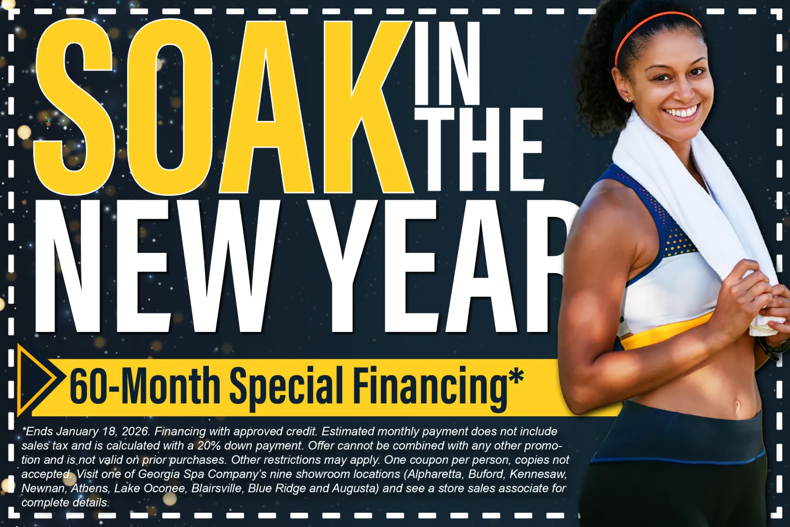 Smiling fit woman with towel promotes 60-month special financing for soaking in the new year spa offer.