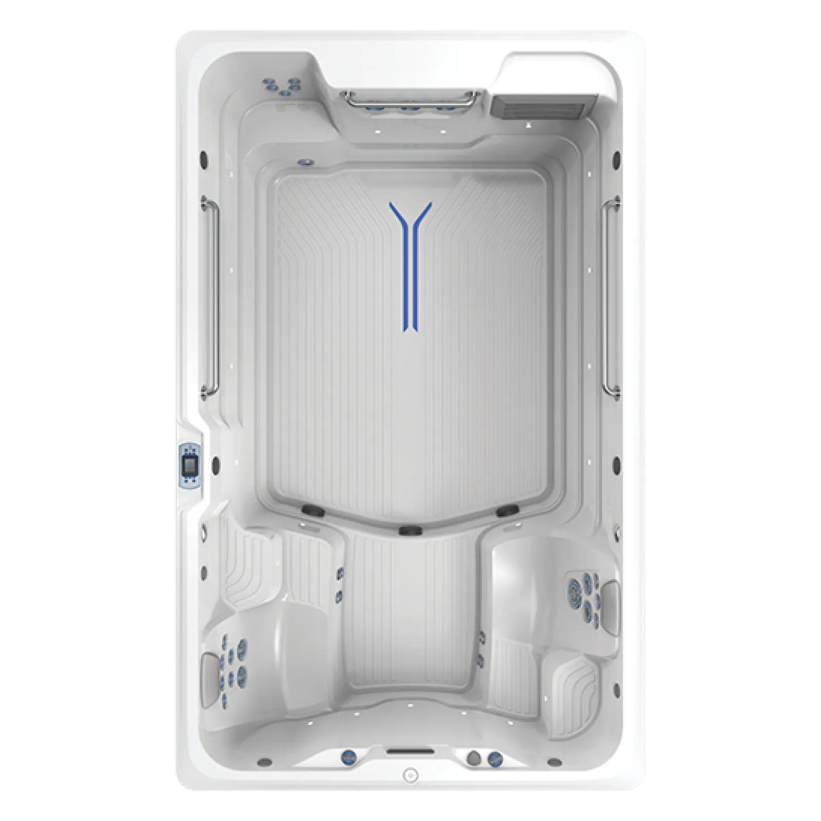 Top view of a white swim spa with built-in seats, multiple jets, handles, and a digital control panel.
