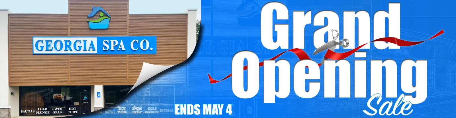 Grand opening sale promotion for Georgia Spa Co. with store exterior and event details ending May 4.
