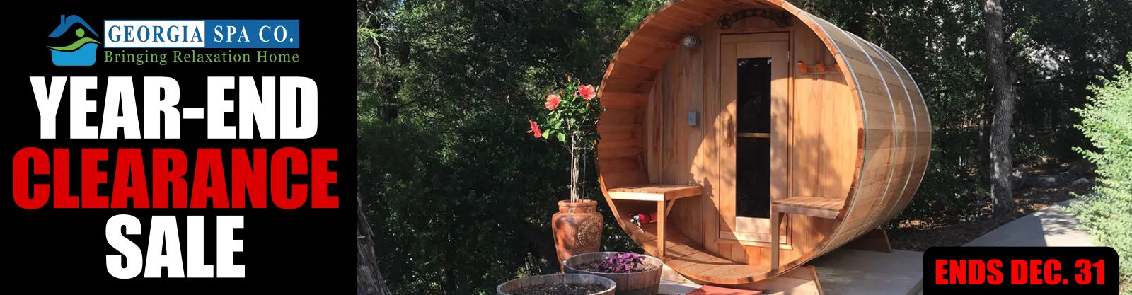 Year-end clearance sale promotional banner from Georgia Spa Co. with wooden barrel sauna in a garden setting.