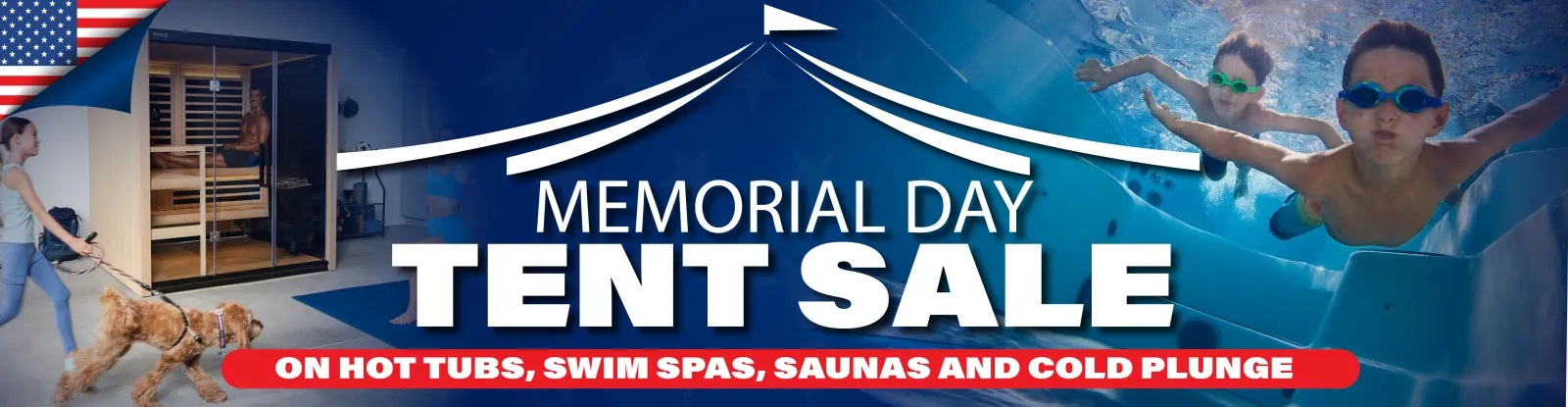 Memorial Day Tent Sale banner featuring hot tubs, swim spas, saunas, and kids swimming underwater with goggles.
