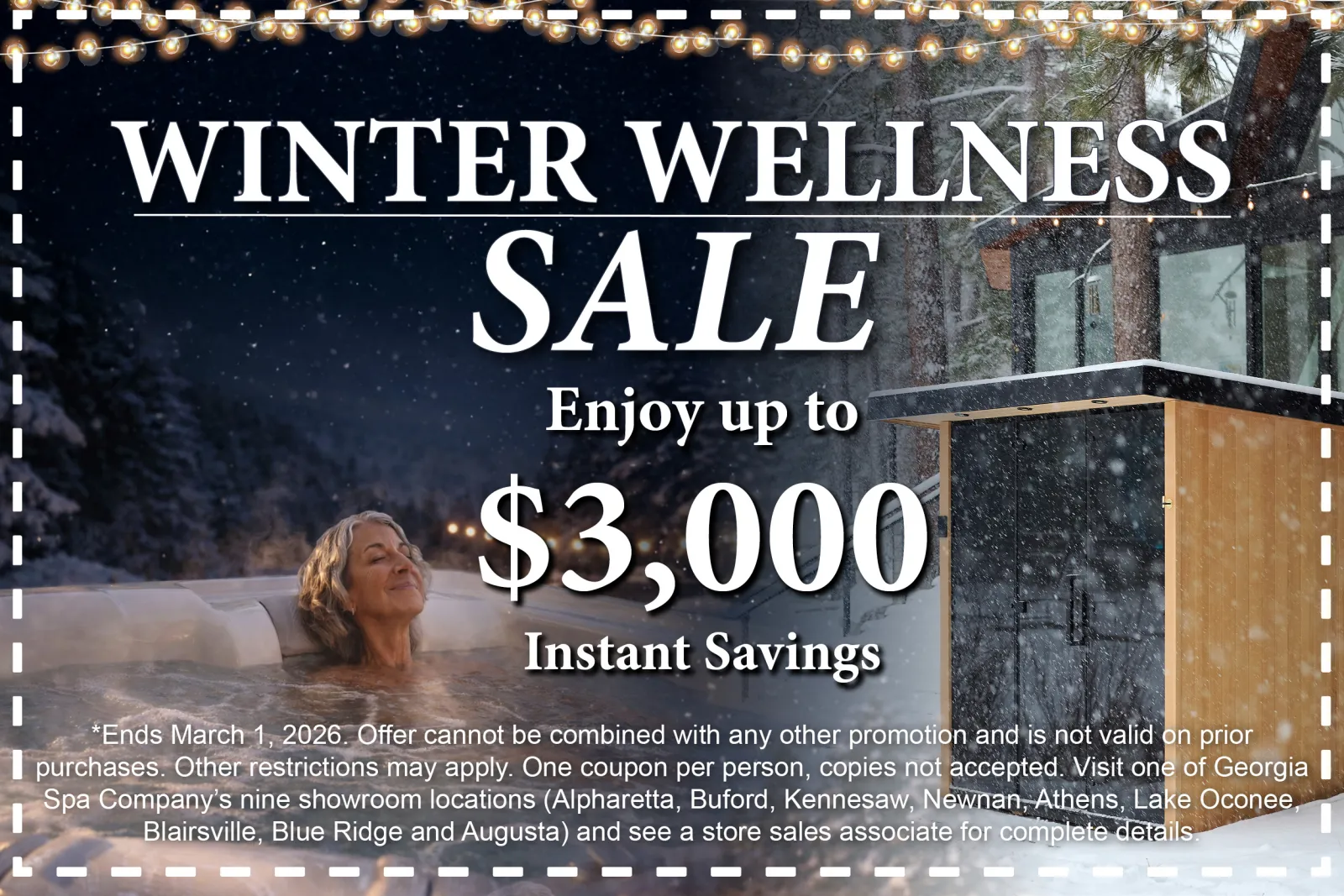 Woman relaxing in a hot tub outdoors during winter with text promoting a winter wellness sale and $3,000 instant savings.