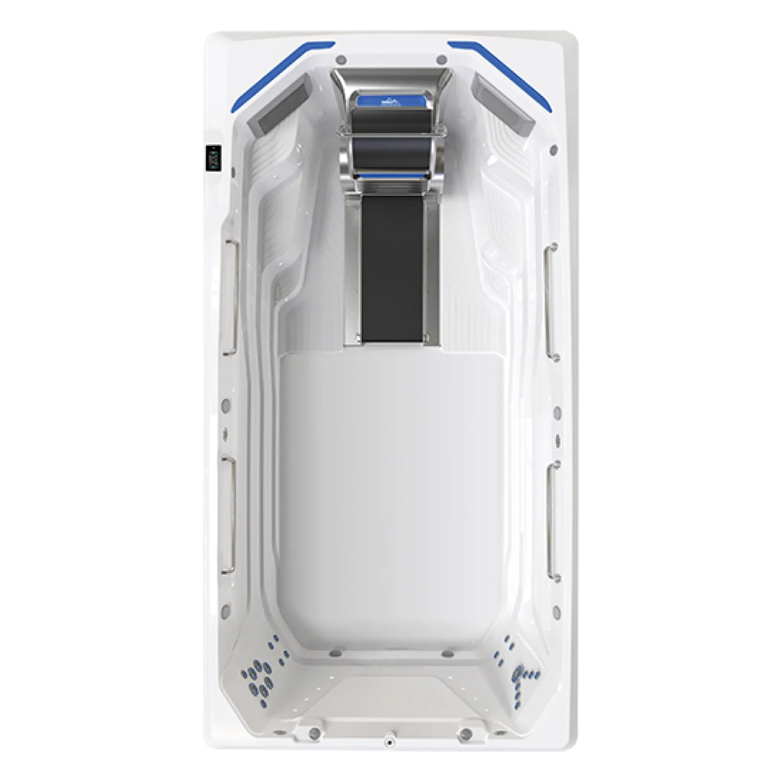 White swim spa with built-in treadmill and multiple water jets for aquatic exercise and relaxation