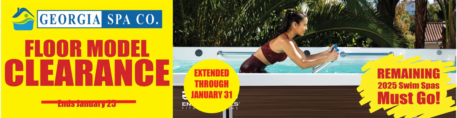 Woman swimming in an Endless Pools fitness system with Georgia Spa Co. floor model clearance ad.
