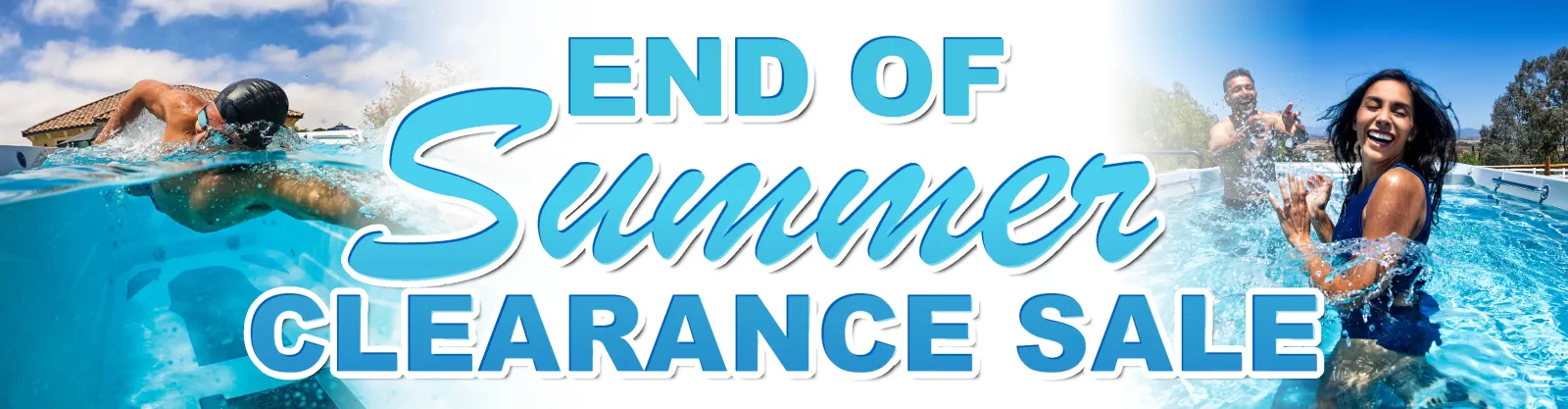 End of summer clearance sale banner with people swimming and splashing in a pool under blue sky.