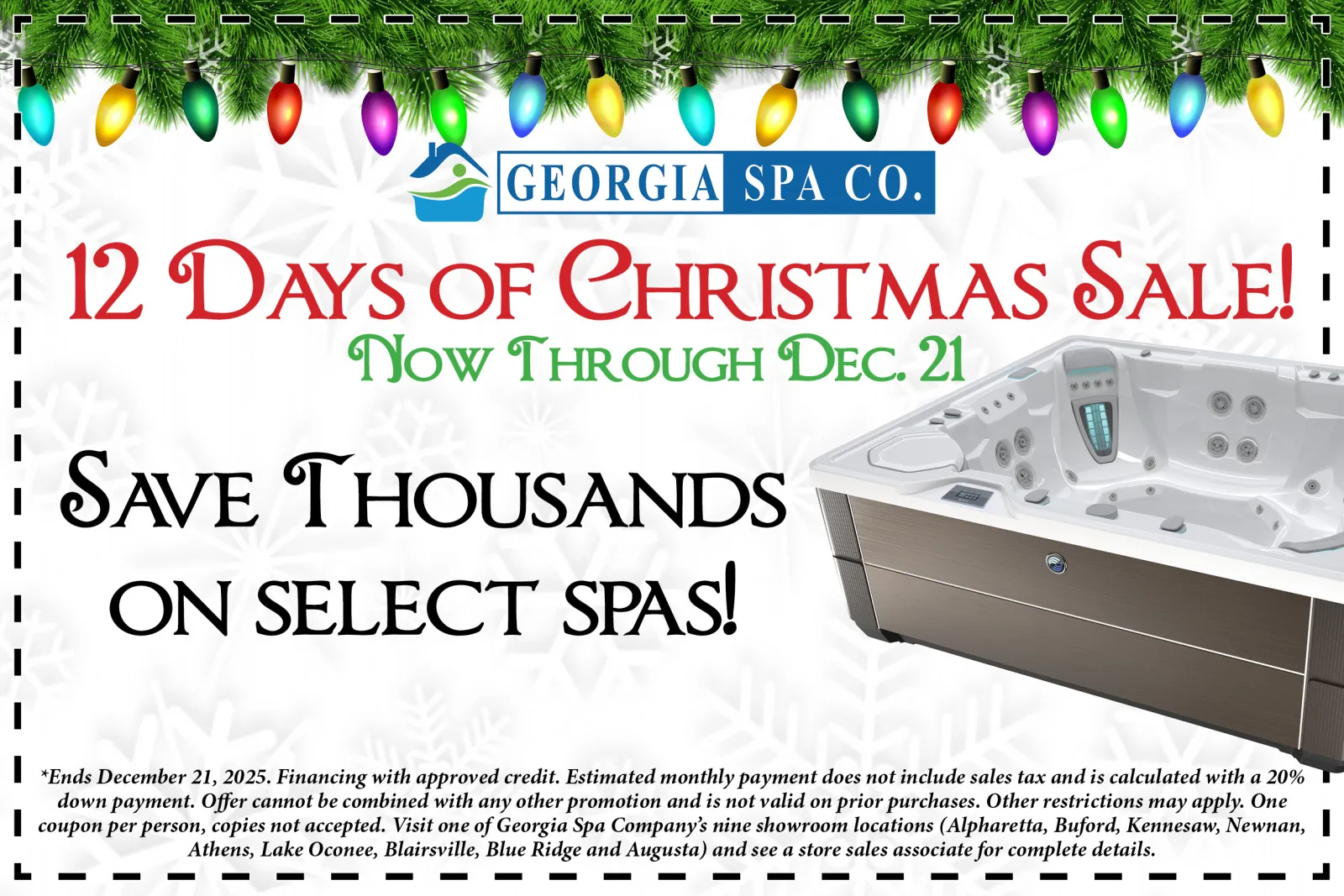 Georgia Spa Co. December sales event with holiday decorations and special 60-month financing offer.