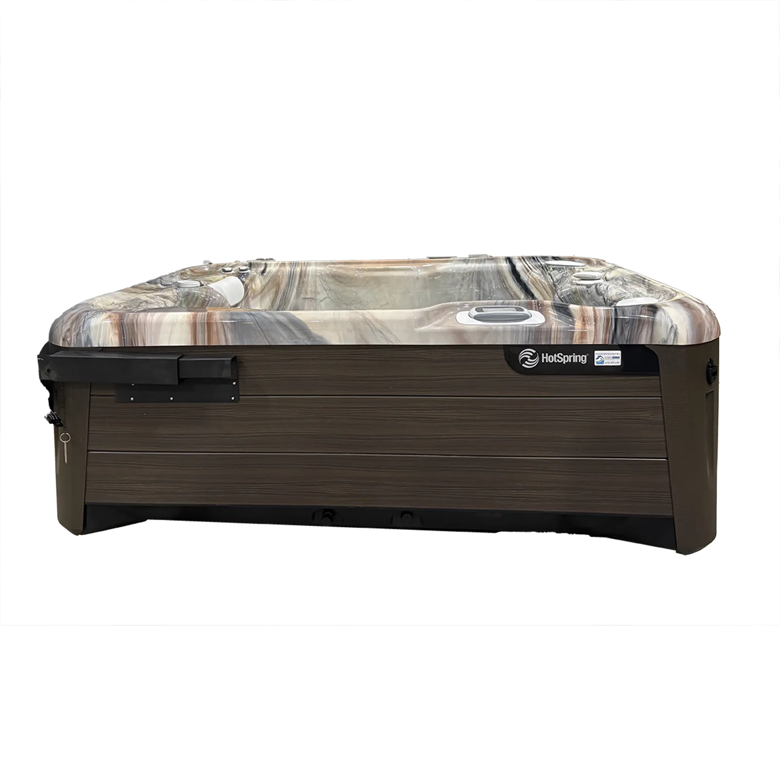 HotSpring outdoor spa with marble-patterned interior and dark wood exterior paneling for relaxation