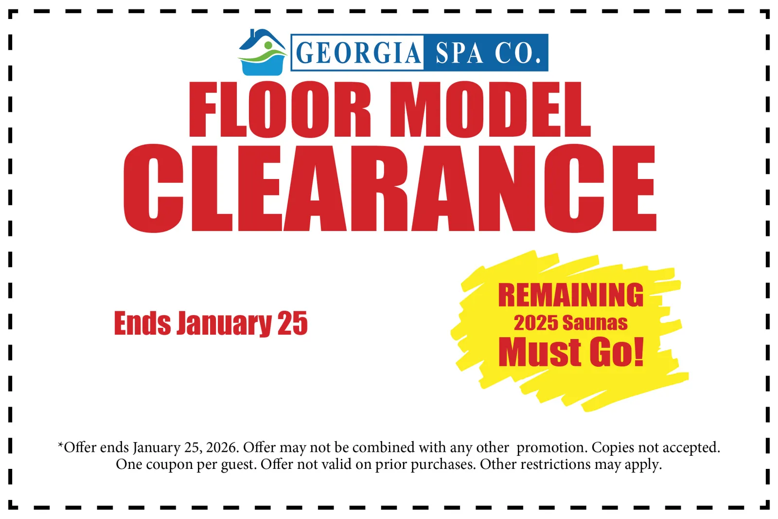 Georgia Spa Co. floor model clearance sale for 2025 saunas ending January 25, limited time offer.