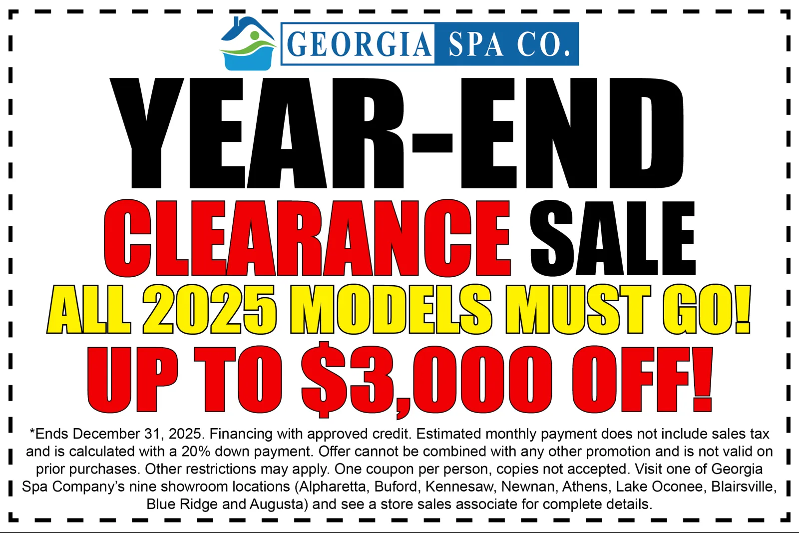 Georgia Spa Co. December sales event with holiday decorations and special 60-month financing offer.