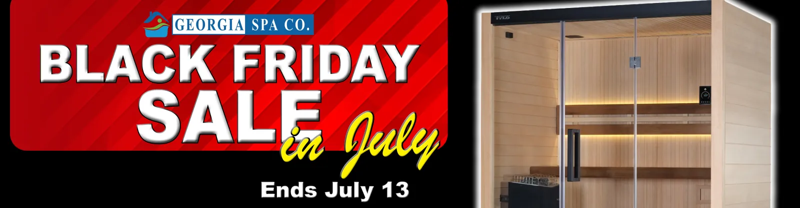 4th of July big sale banner featuring a swimmer, woman relaxing in hot tub, and sauna with two girls relaxing.