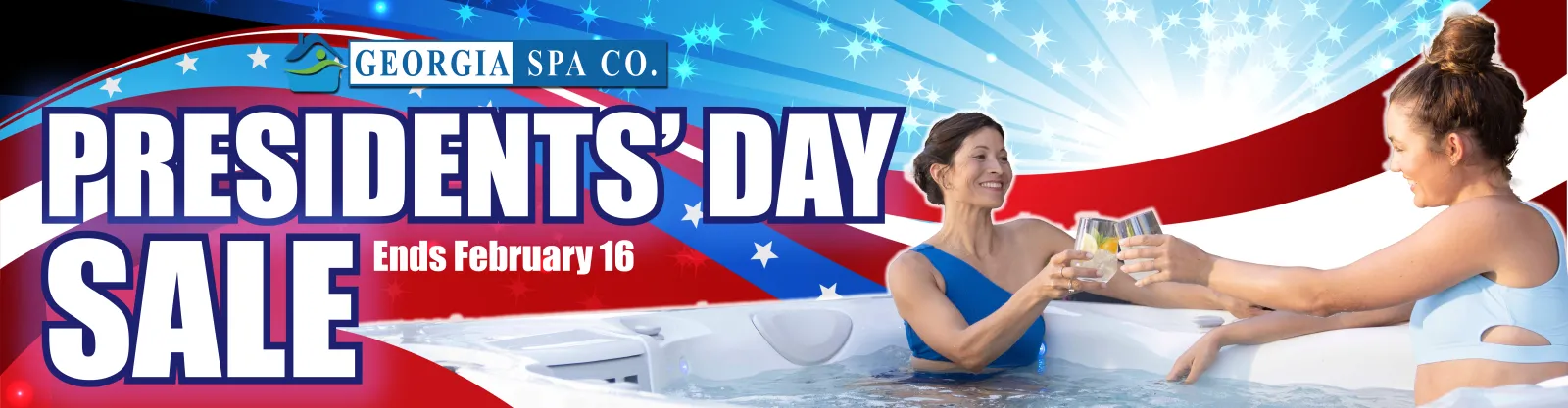 Two women enjoying a hot tub with patriotic red, white, and blue Presidents' Day Sale banner from Georgia Spa Co.