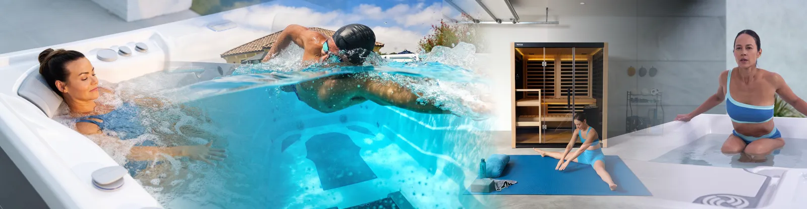 Panoramic spa area with woman relaxing in hot tub, swimmer in pool, woman stretching on yoga mat, and sauna room.
