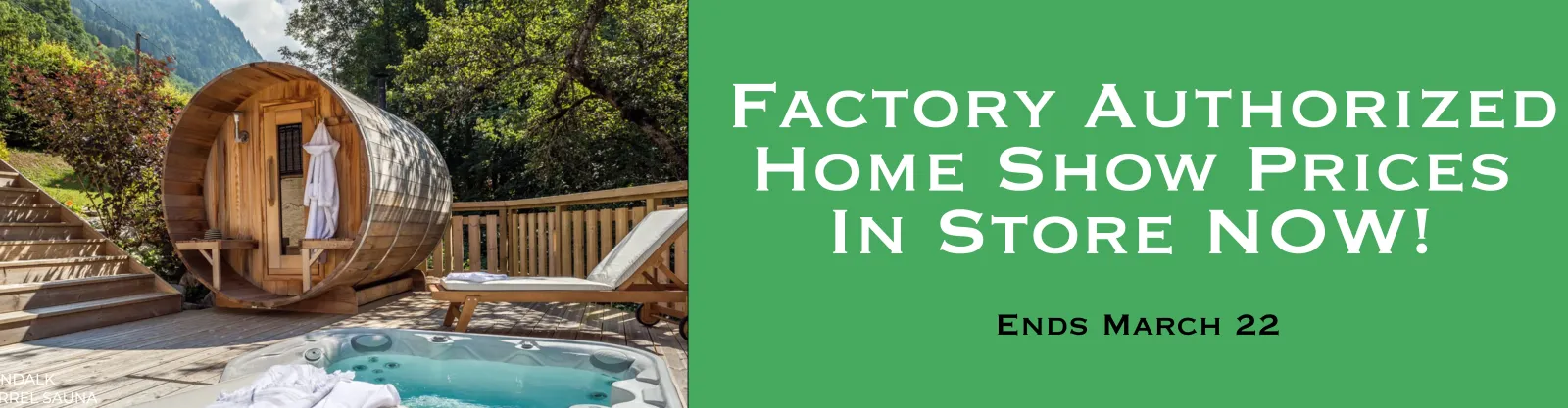 Outdoor wooden barrel sauna and hot tub with lounge chairs by a mountain backdrop and promotional text on green background.