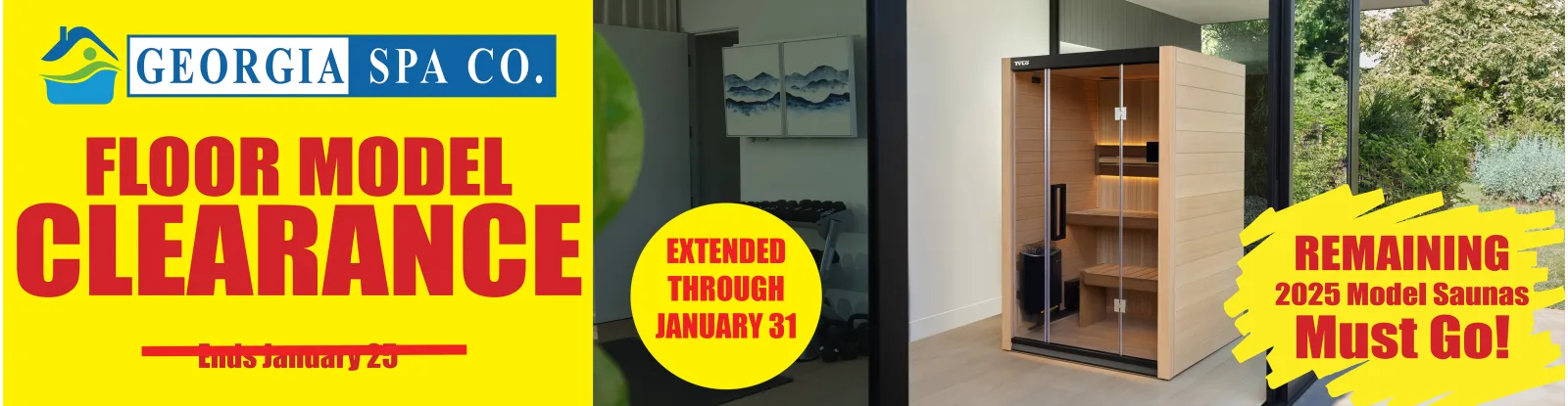 Georgia Spa Co. floor model sauna clearance sale extended to January 31 with 2025 models remaining.