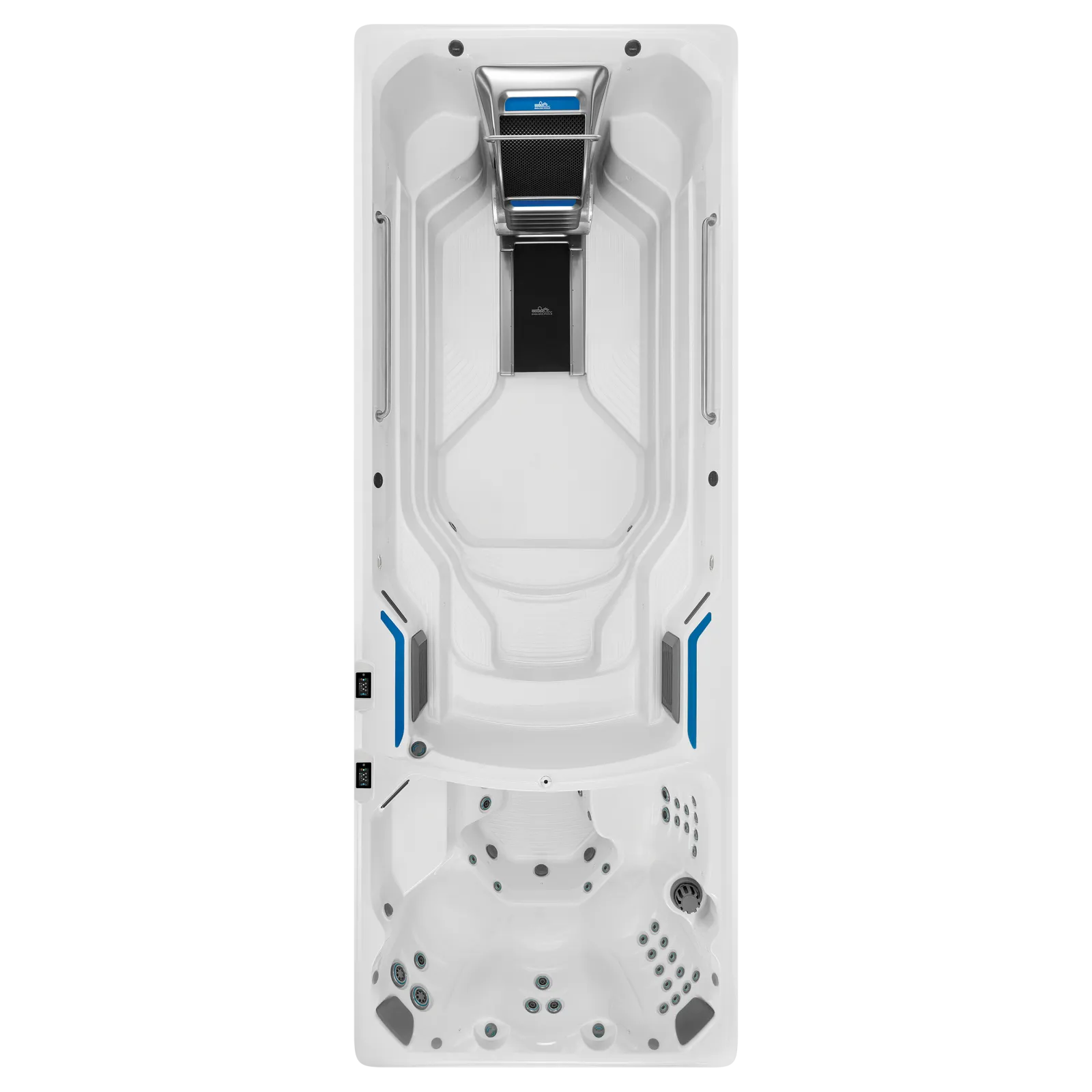 Top view of a white swim spa with integrated treadmill and multiple jet massage seats in the hot tub section.