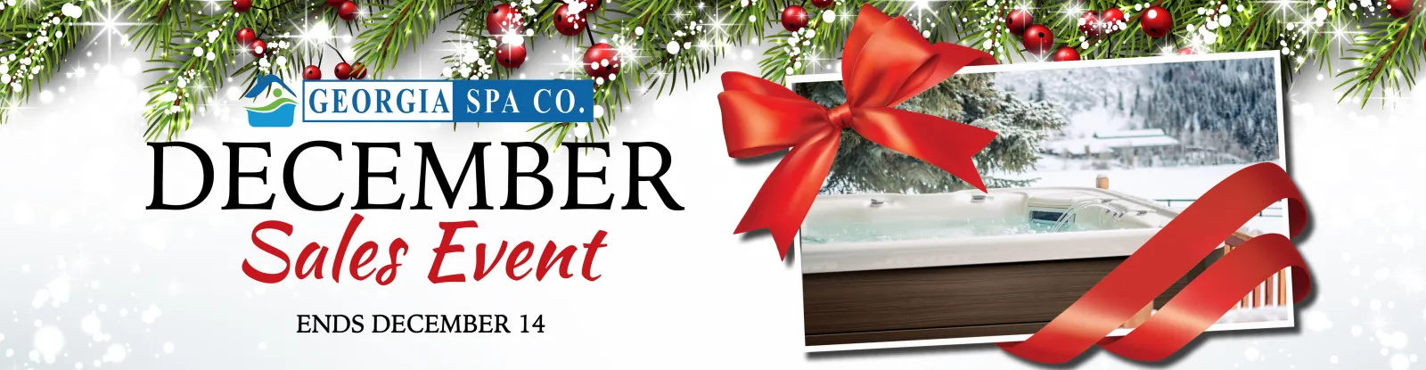 Georgia Spa Co. December Sales Event with holiday decorations and snowy outdoor hot tub scene.