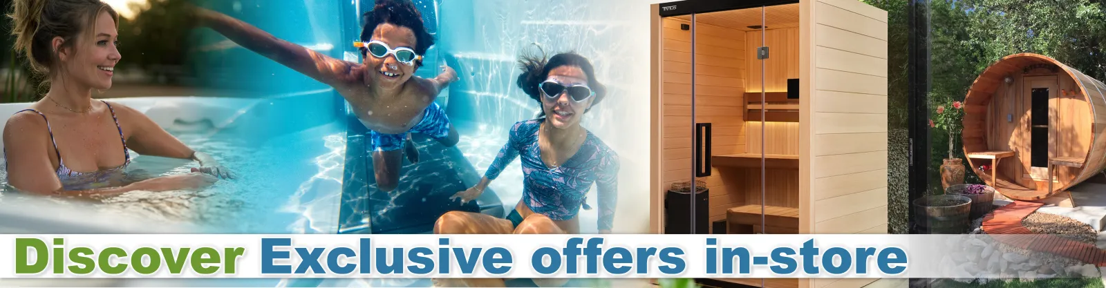 Smiling woman and children swimming underwater combined with images of modern and wooden saunas in outdoor settings.
