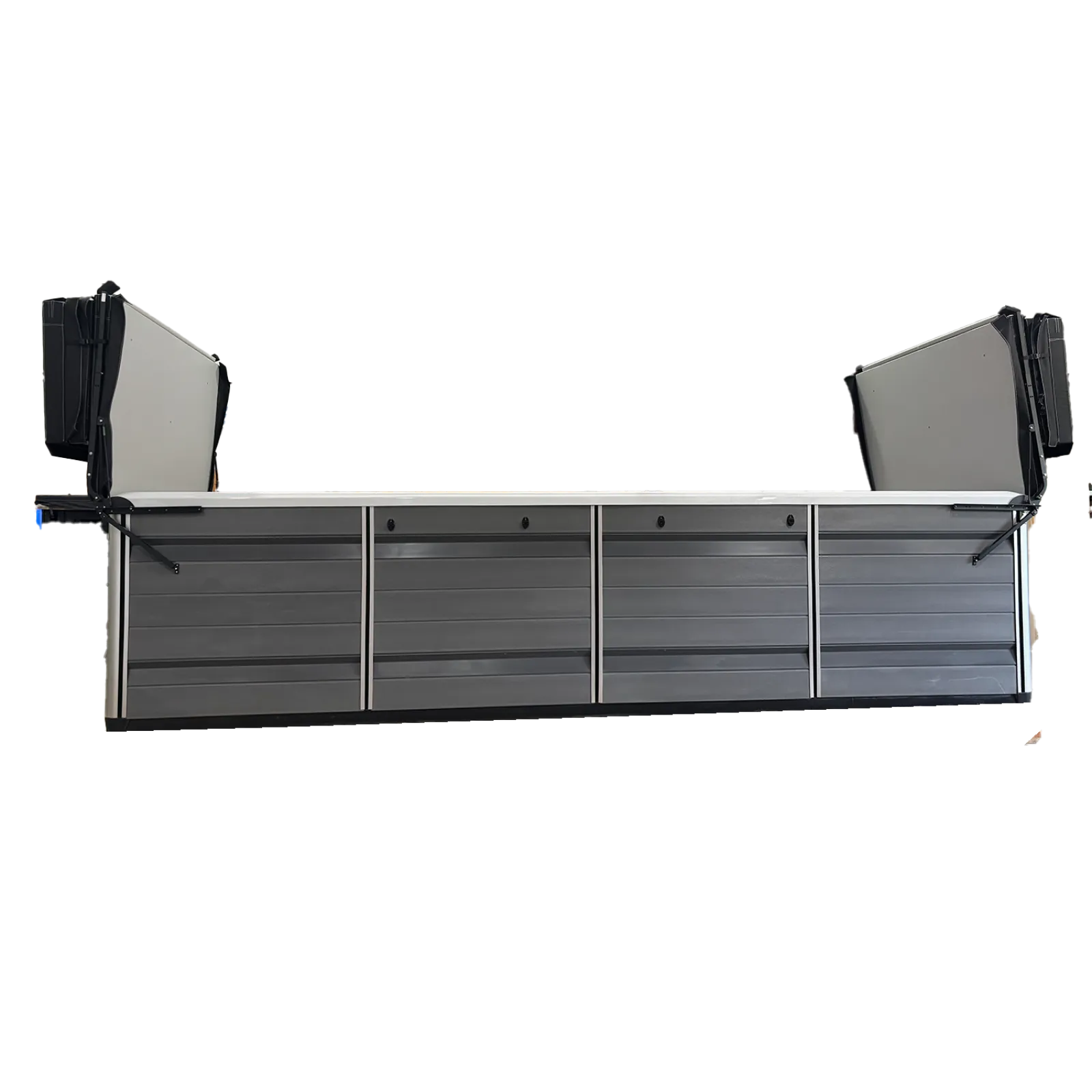 Modern outdoor storage bench with four gray paneled doors and two open lids on each end.