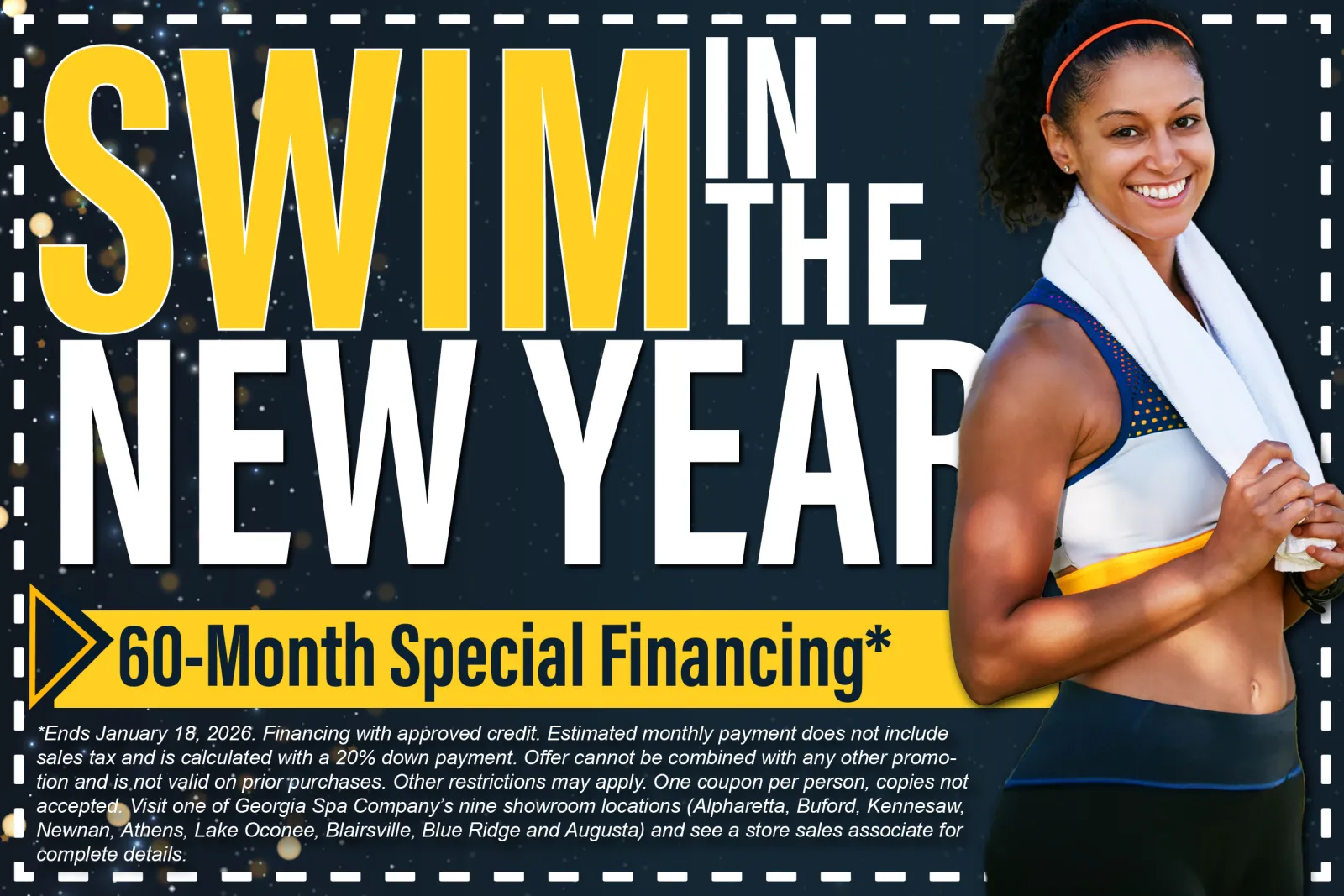 New Year wellness sale with couple enjoying hot tub and champagne by Georgia Spa Co.