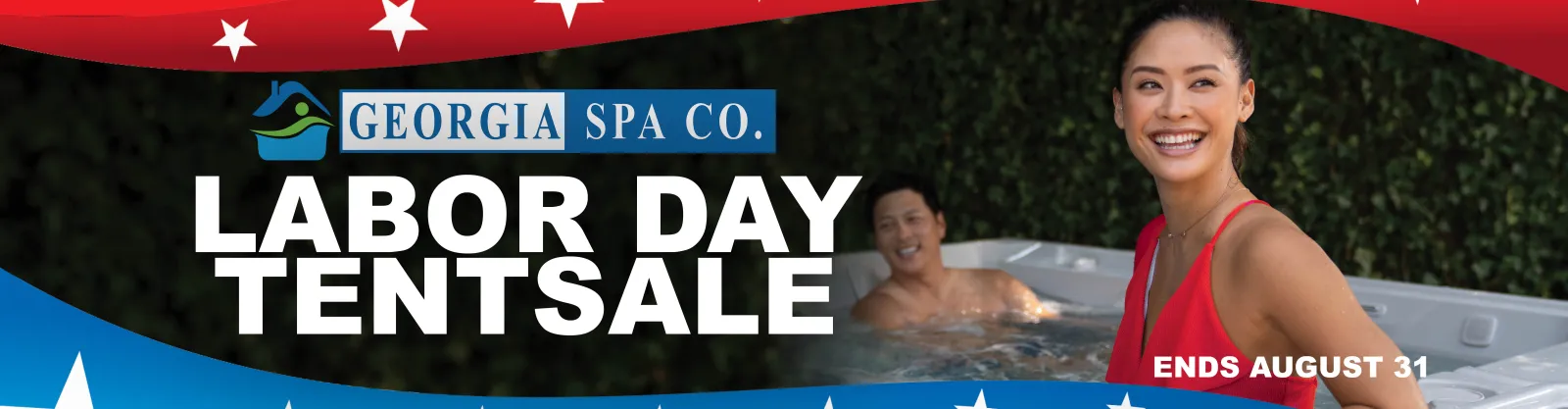 Georgia Spa Co. Labor Day tent sale banner with smiling couple in hot tub and patriotic red, white, and blue design.