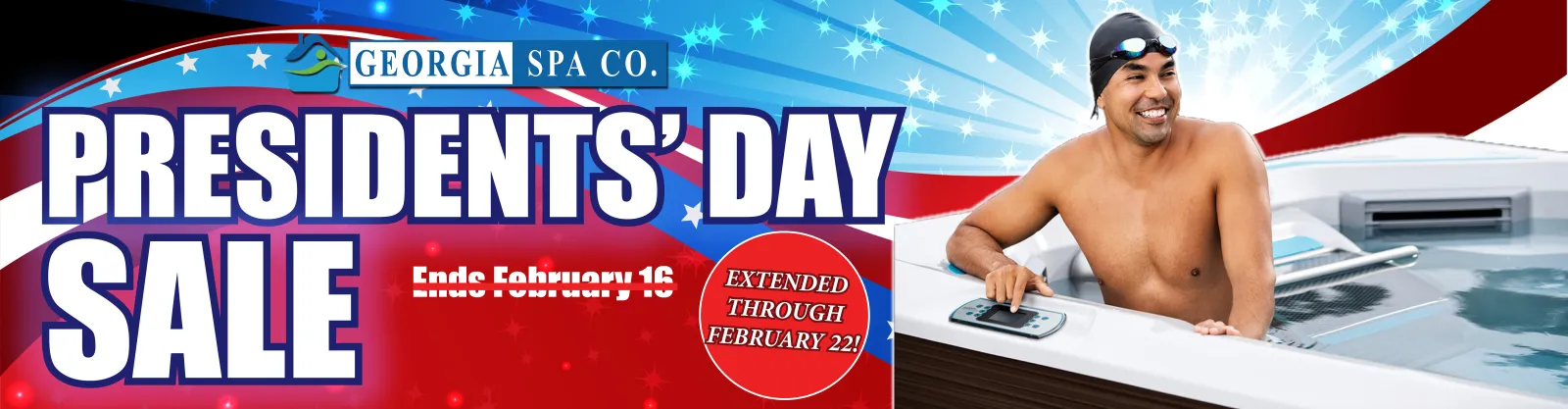 Swimmer enjoying hot tub during Presidents' Day Sale advertisement for Georgia Spa Co. ending February 16.