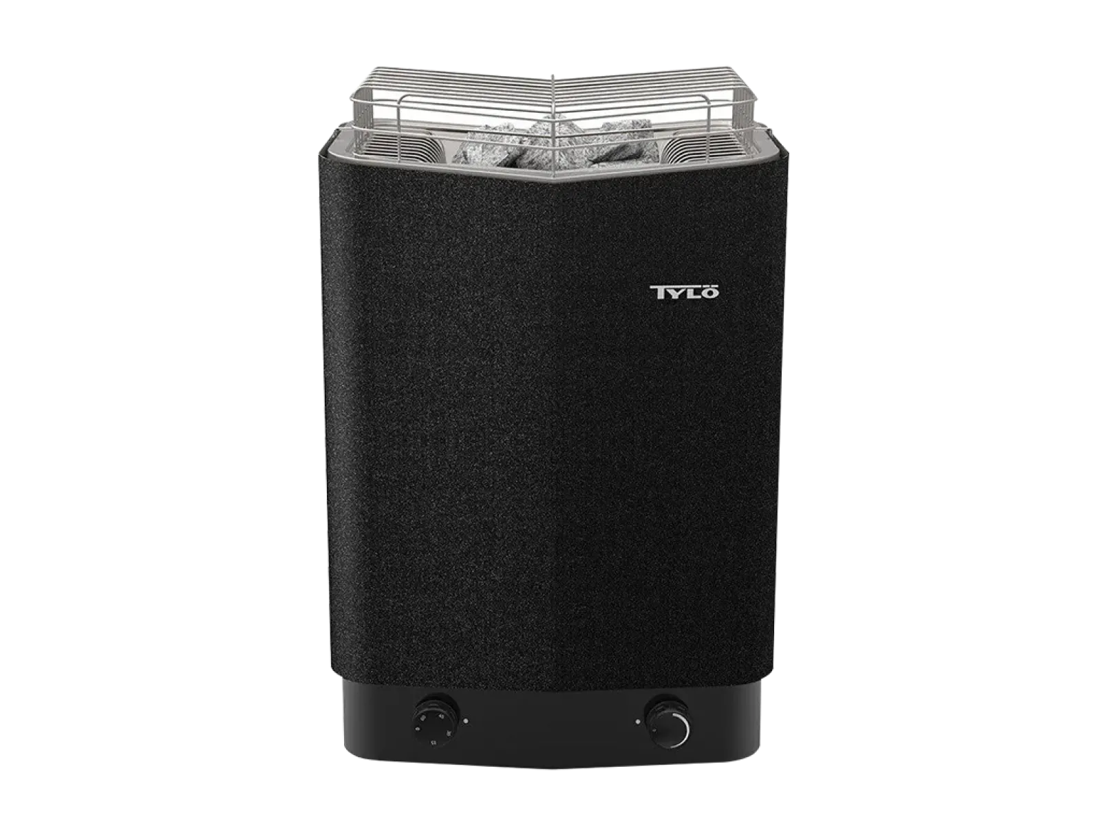 Black Tylö sauna heater with control knobs and protective metal grate on top with sauna stones.