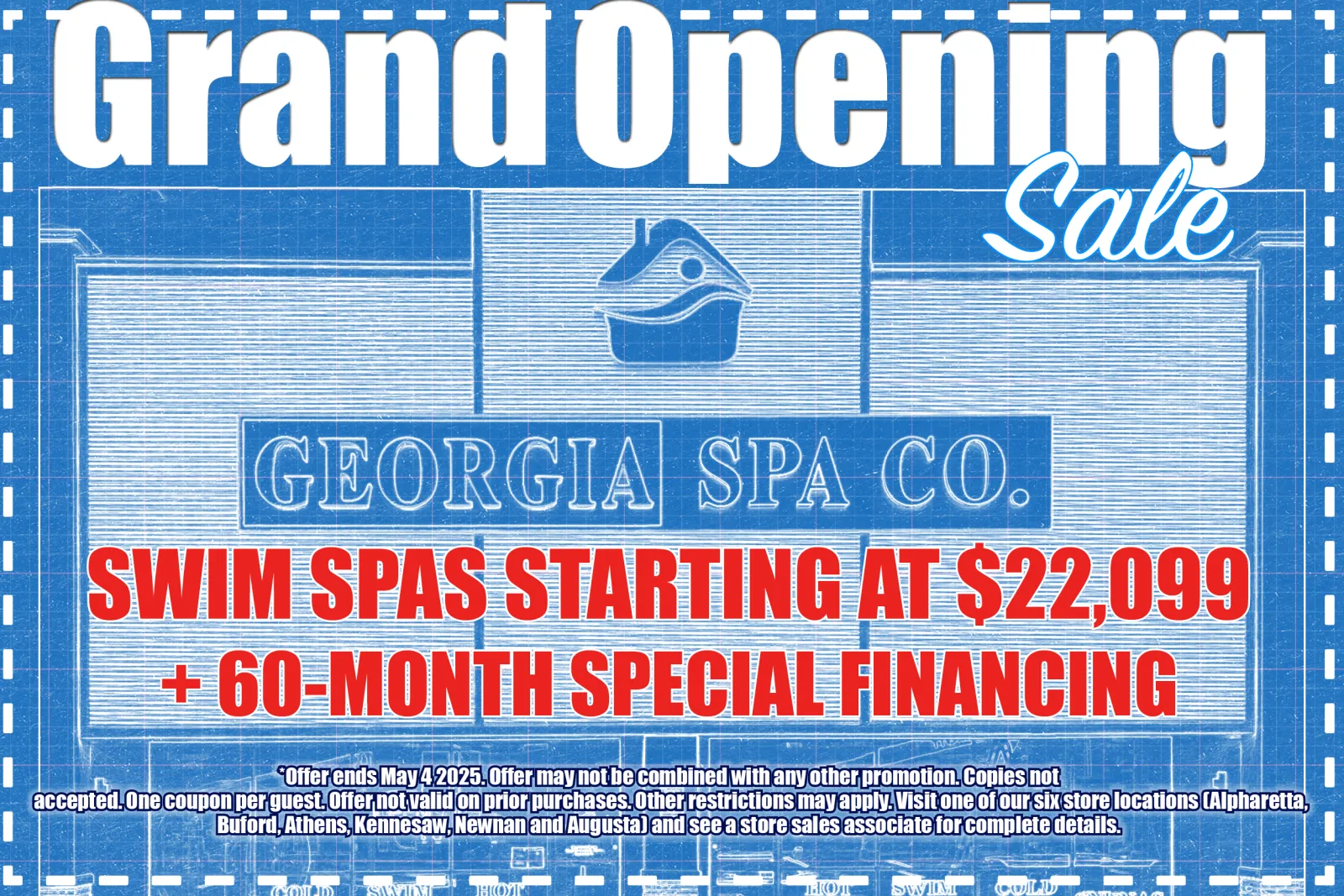 Blueprint style image announcing Grand Opening sale for Georgia Spa Co. with store outline and logo.