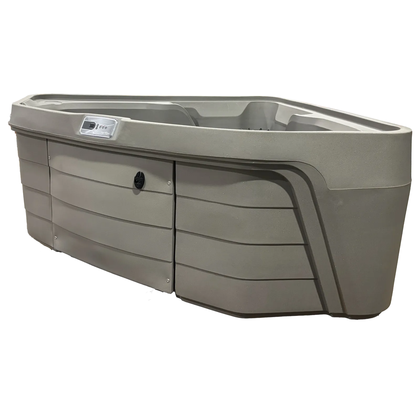 Modern gray outdoor hot tub with built-in control panel and ergonomic seats isolated on black background