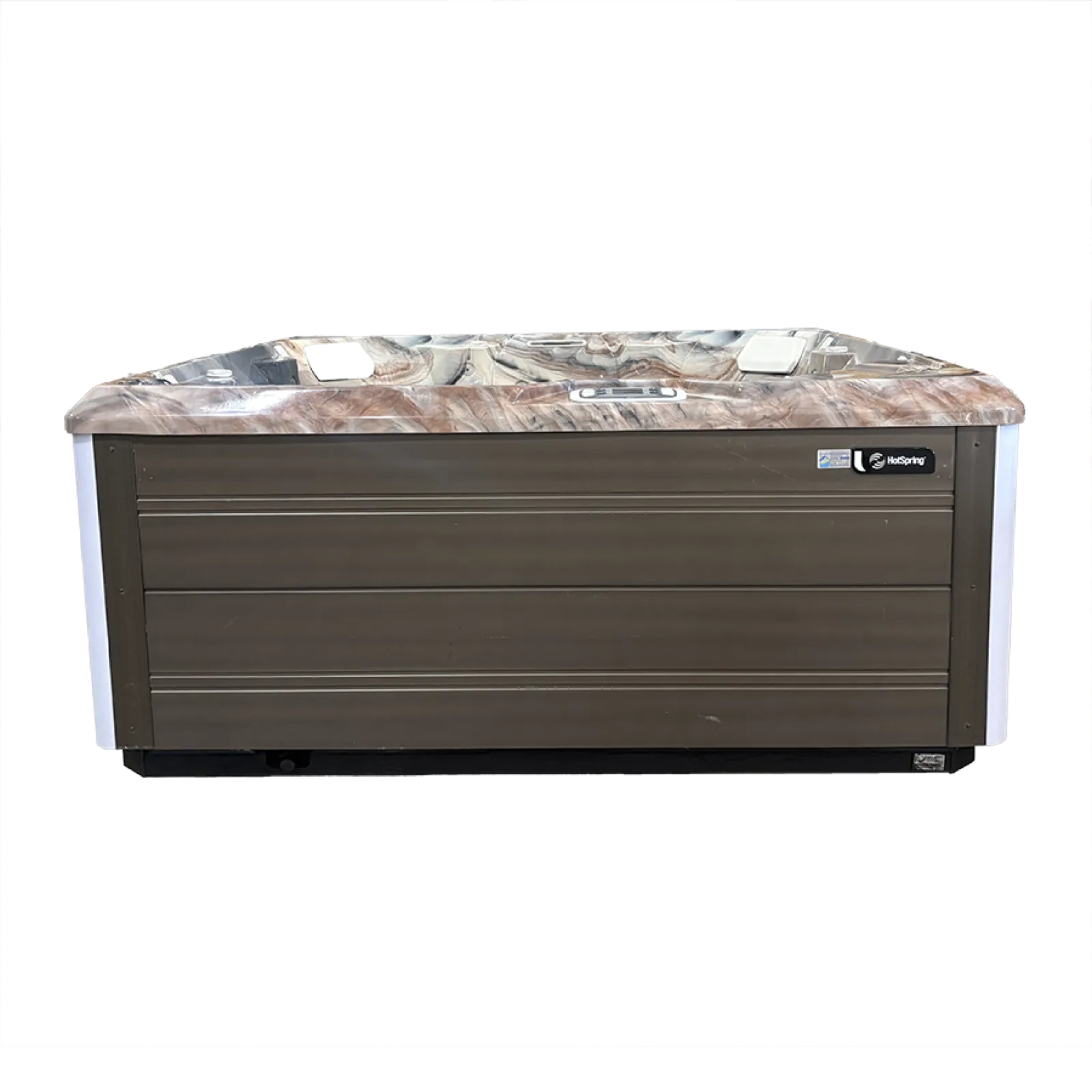 HotSpring brand outdoor hot tub with marble-patterned interior and brown exterior panels