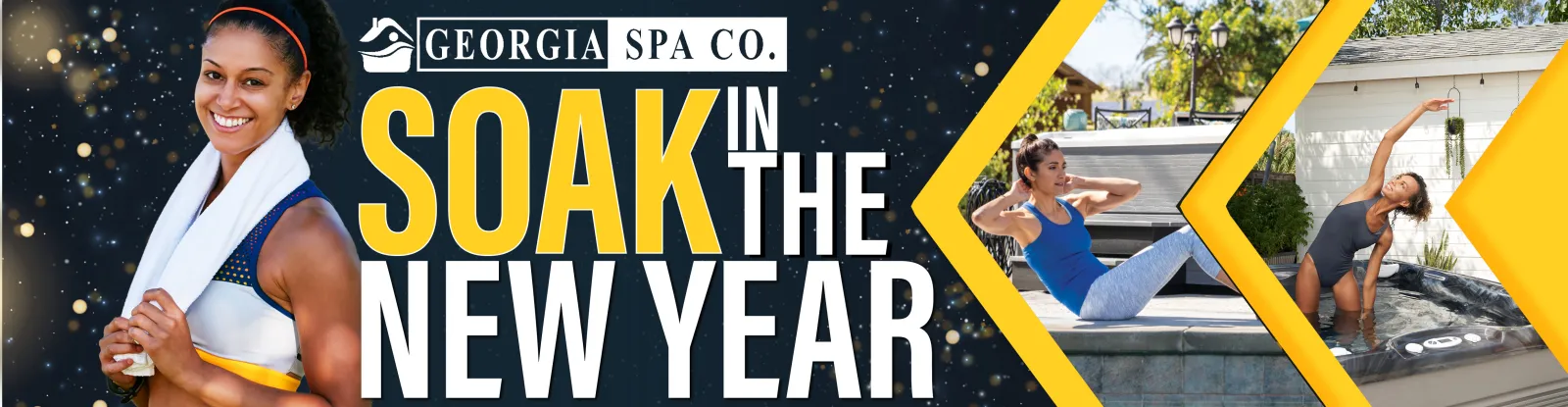 Woman in workout gear smiling by spa with text promoting Georgia Spa Co. New Year soaking experience.