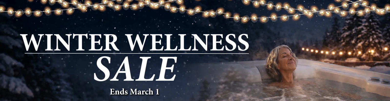 Woman relaxing in hot tub outdoors at night with string lights, snow, and Winter Wellness Sale text.