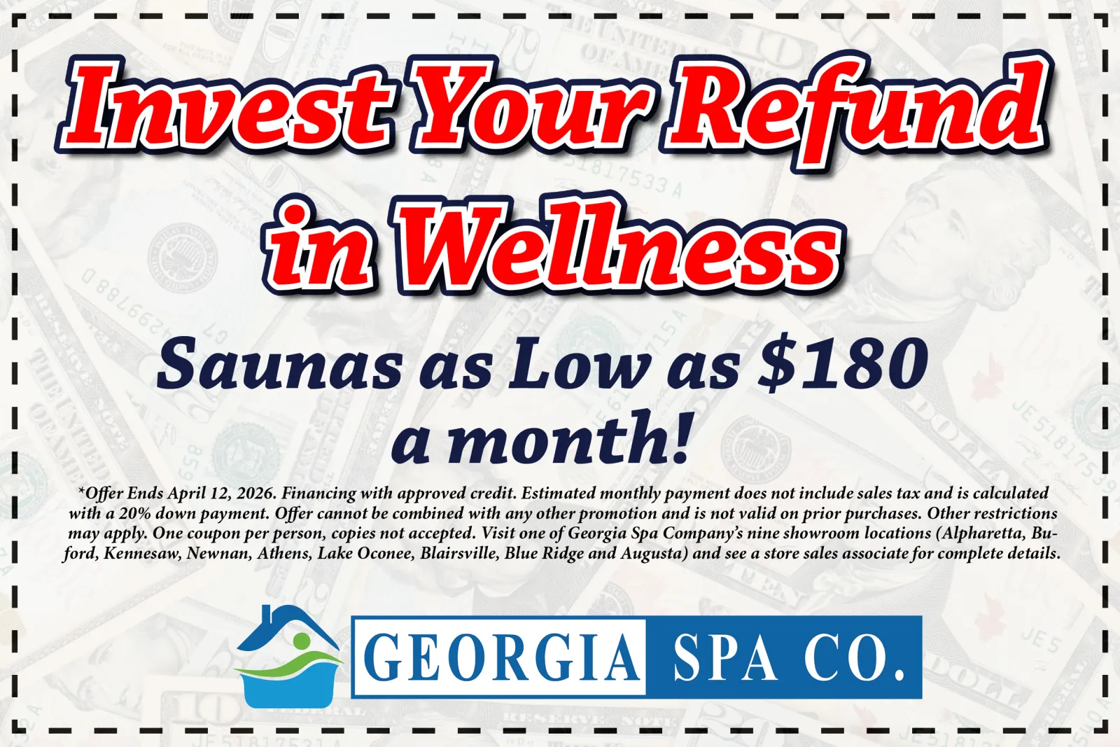 Outdoor wooden barrel sauna with bathrobe promoting Georgia Spa Co. factory authorized home show prices and financing.