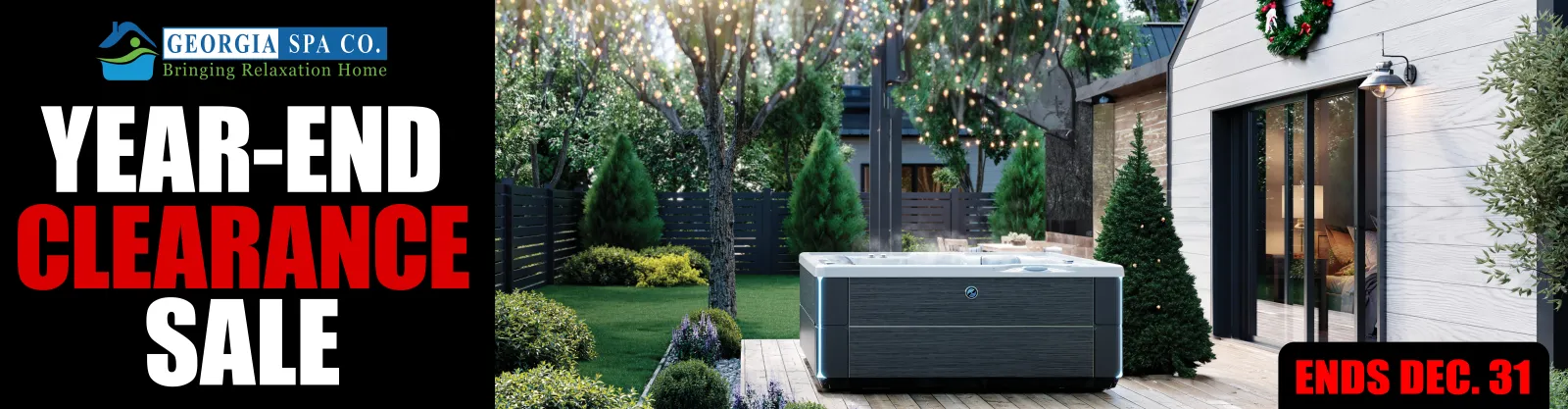 Year-end clearance sale advertisement featuring a modern outdoor hot tub in a decorated backyard.