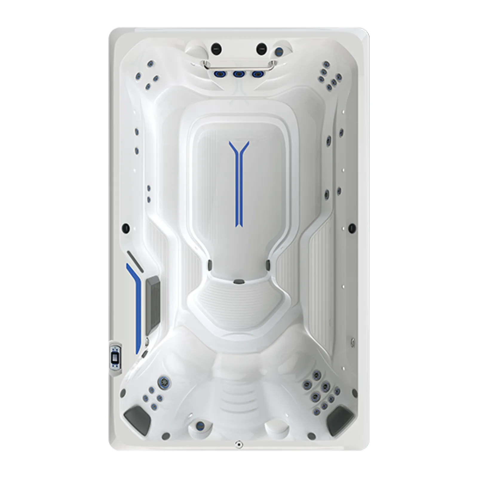 Top-down view of a white modern swim spa with seating and multiple water jets for hydrotherapy.