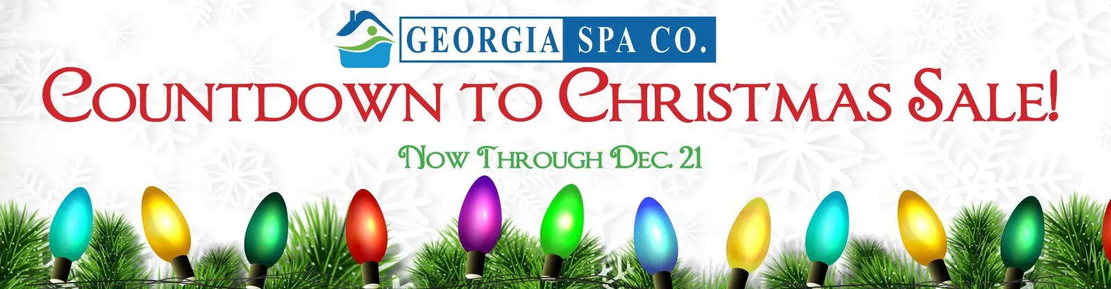 Holiday-themed December sales event banner with spa tub, red bows, pine branches, and snowflakes for Georgia Spa Co.