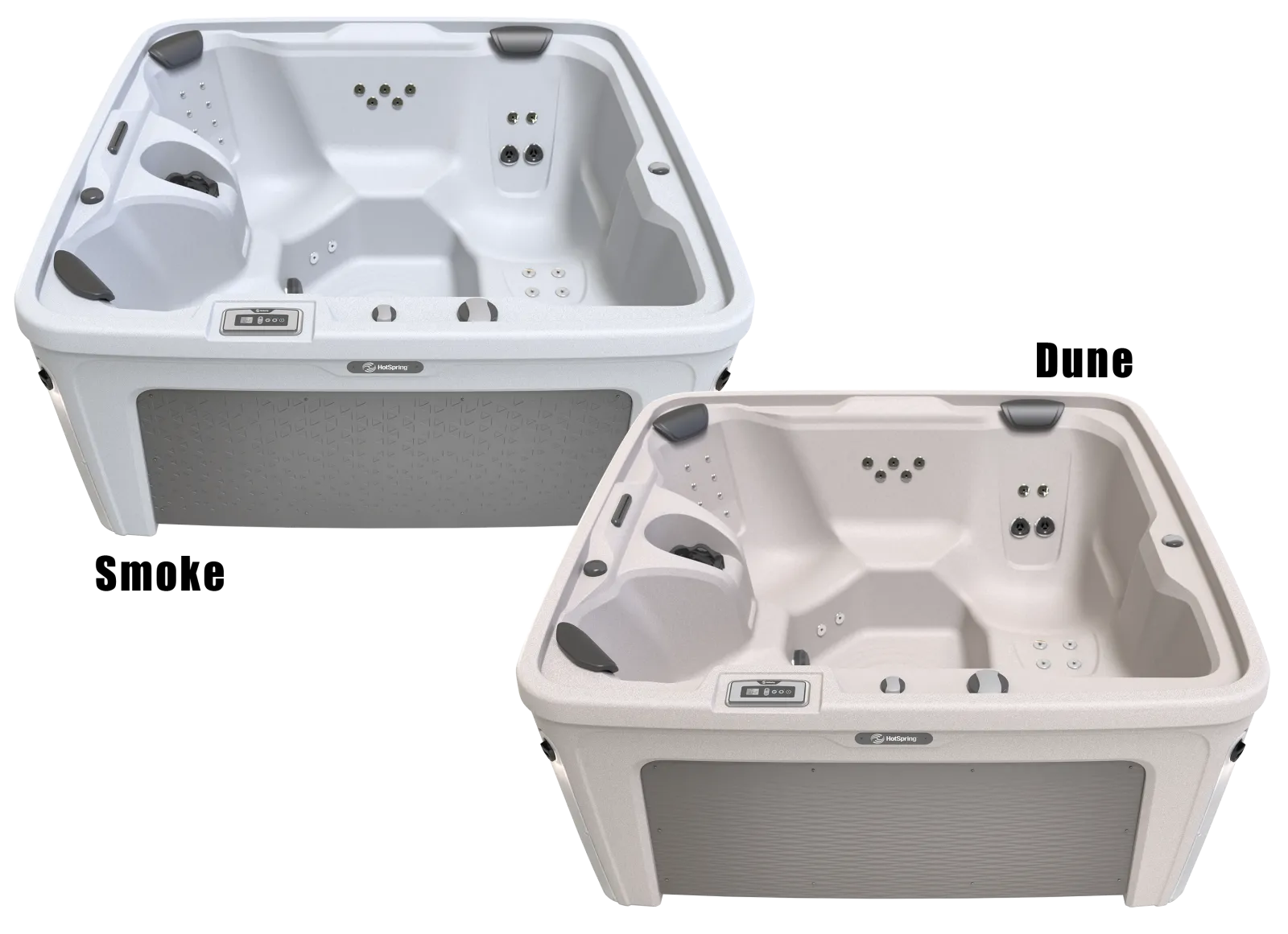 Two square hot tubs with seating, jets, and headrests shown in gray and beige colors.