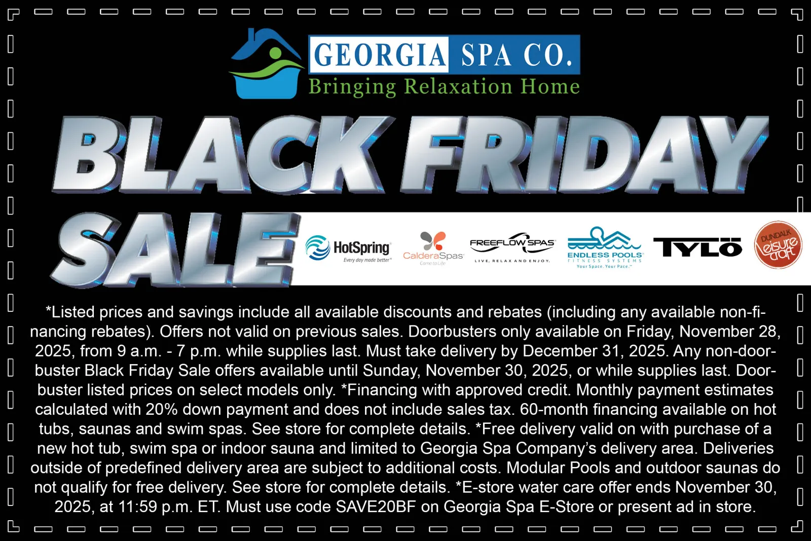 Georgia Spa Co. Black Friday Sale banner with brand logos and detailed sale information in white and blue text