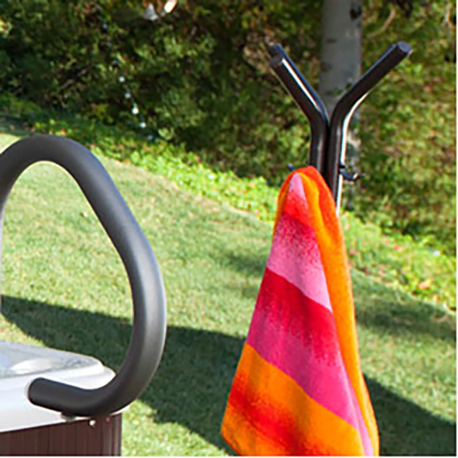 a colorful towel from a metal bar
