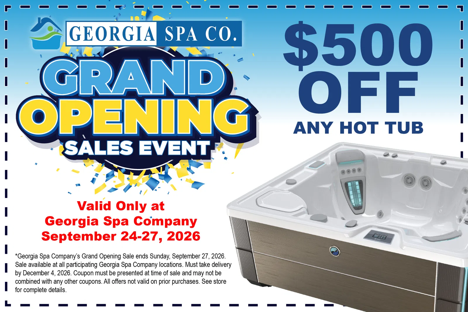 Georgia Spa Company grand opening sales event with $500 off any hot tub from September 24-27, 2026.
