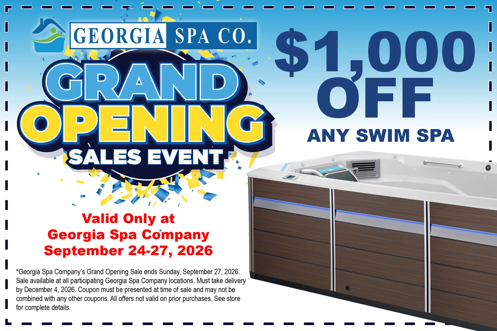 Georgia Spa Co. grand opening sale event with $1,000 off any swim spa valid September 24-27, 2026