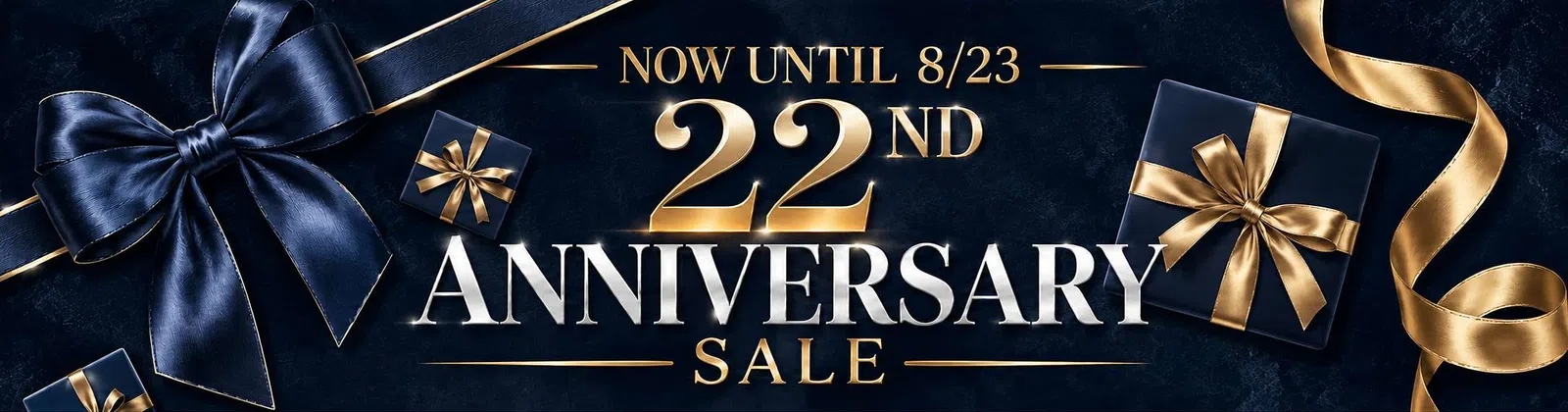 Elegant 22nd anniversary sale banner with gold and navy blue gift boxes, ribbons, and text on dark background