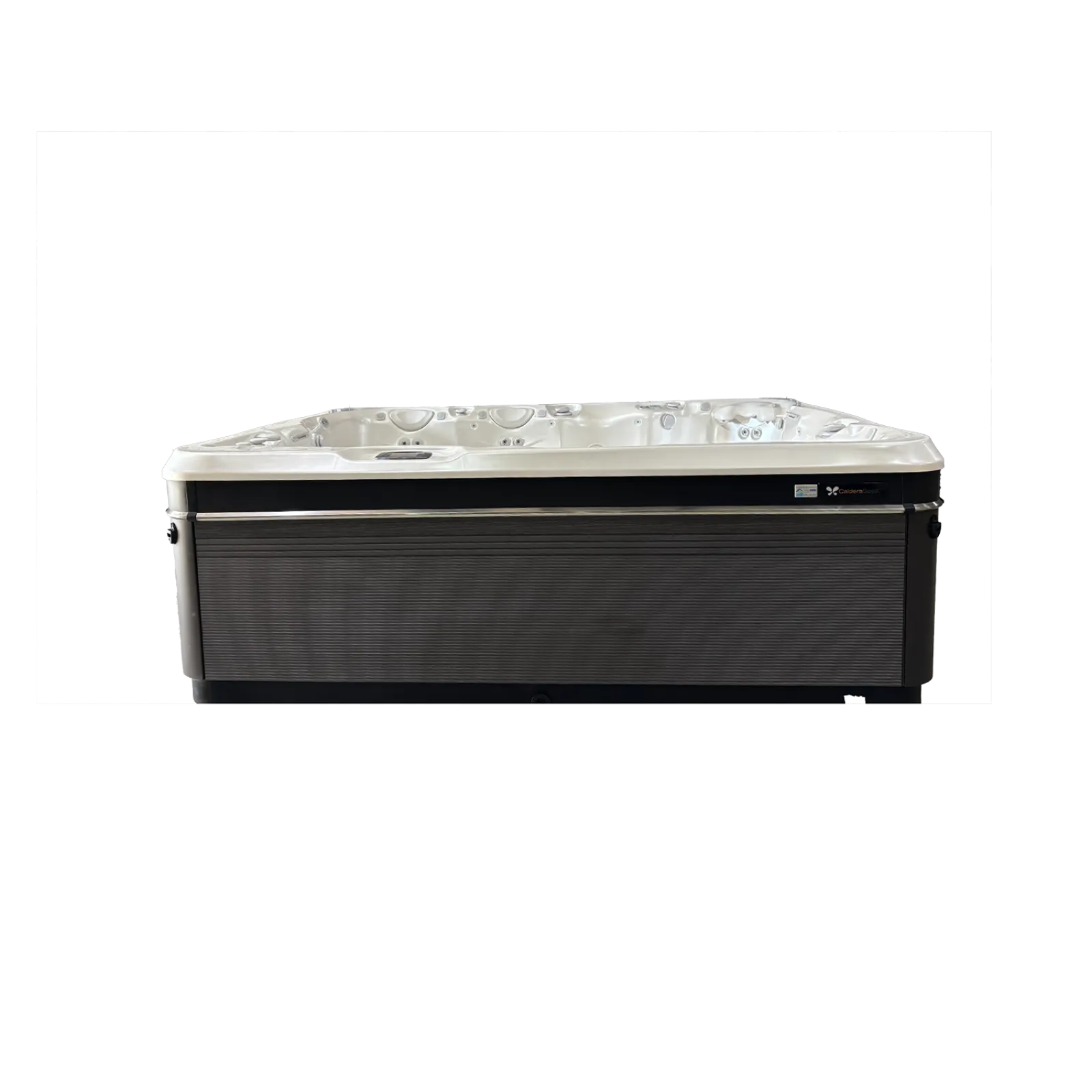 Modern gray outdoor hot tub with built-in control panel and ergonomic seats isolated on black background