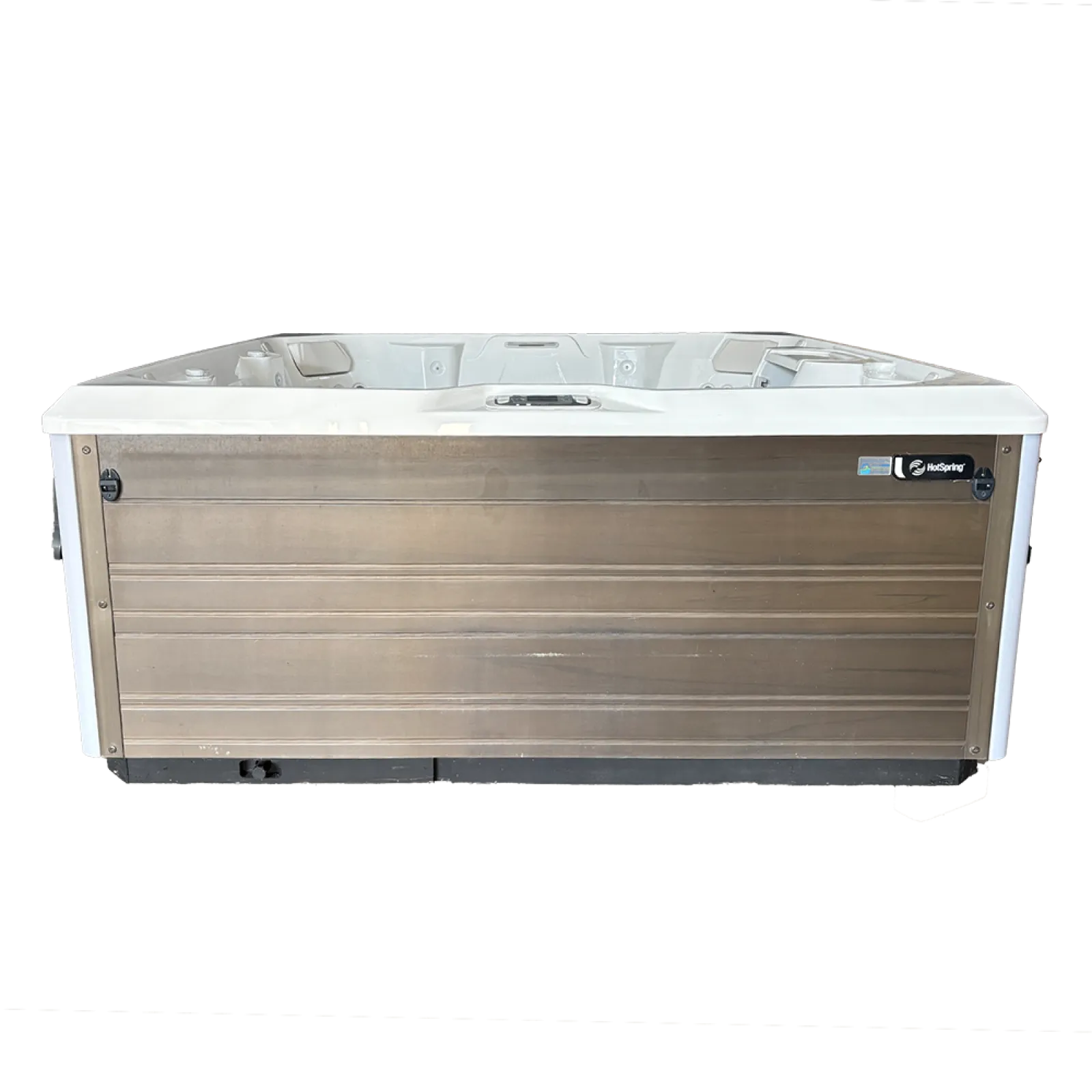 Modern outdoor HotSpring spa hot tub with white interior and brown exterior panels isolated on white.