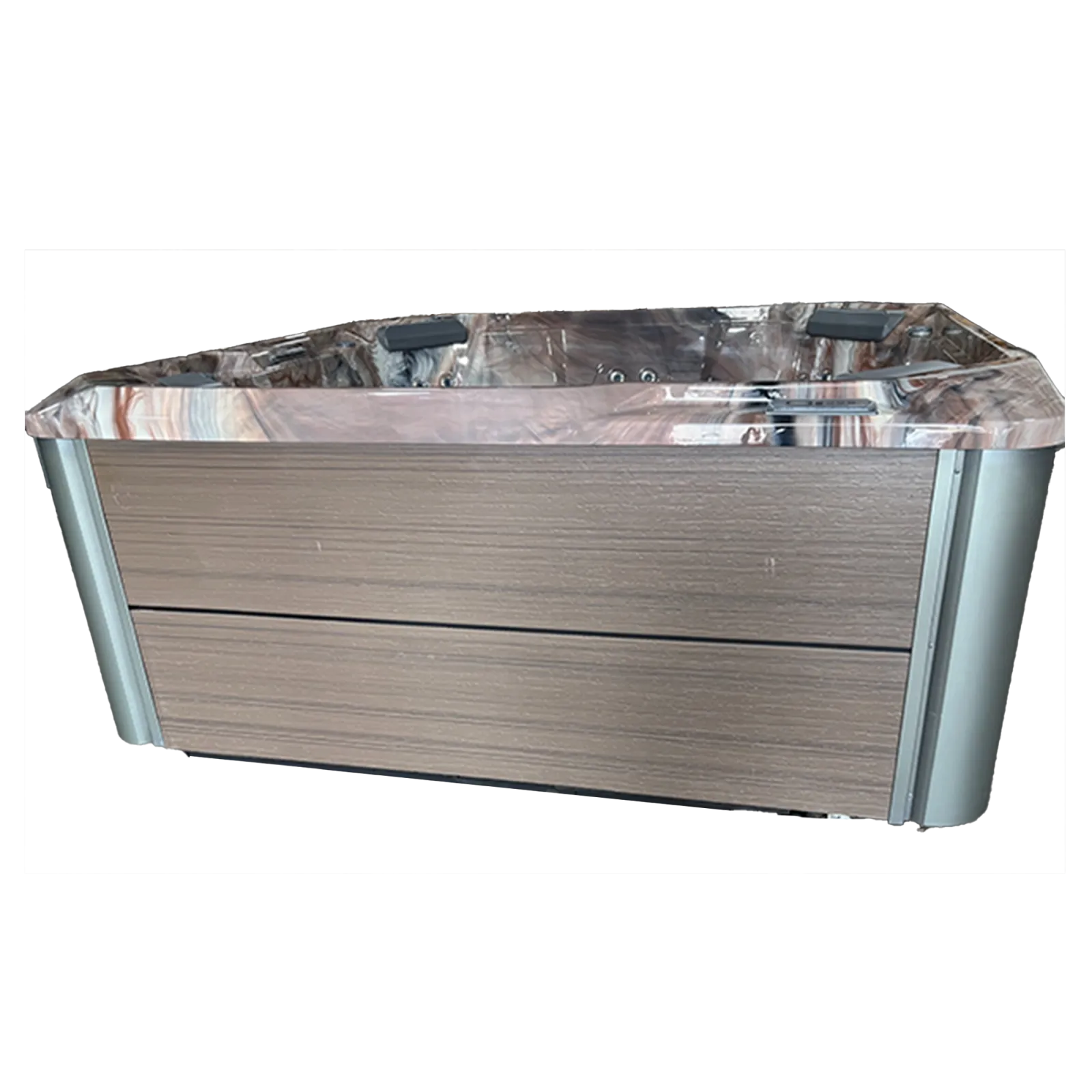 Modern outdoor hot tub with wood panel exterior and brown marble-patterned interior with headrests.